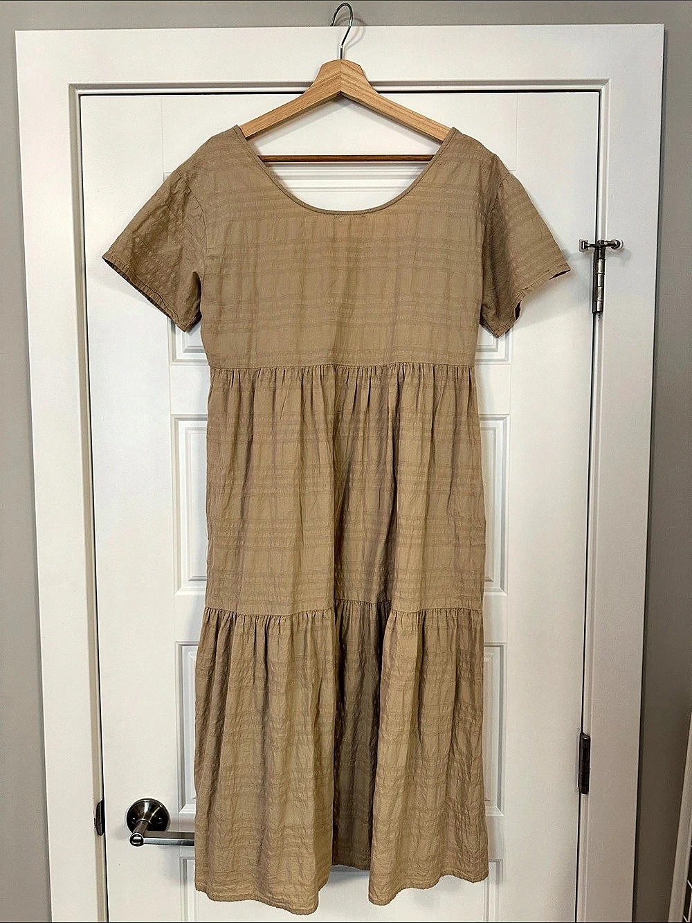 Oak + Fort Tiered Midi Dress Plaid Cotton Maxi Dress in Brown Small - Picture 2 of 6